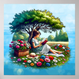 Girl Reading unter einem Baum umgeben von Blume Poster