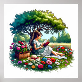 Girl Reading unter einem Baum umgeben von Blume Poster