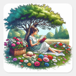 Girl Reading unter einem Baum umgeben von Blume Quadratischer Aufkleber