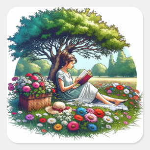 Girl Reading unter einem Baum umgeben von Blume Quadratischer Aufkleber