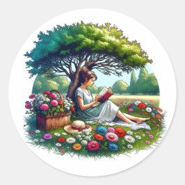 Girl Reading unter einem Baum umgeben von Blume Runder Aufkleber