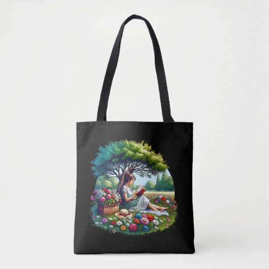Girl Reading unter einem Baum umgeben von Blume Tasche (Vorderseite)