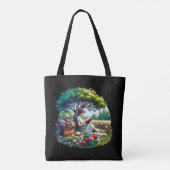 Girl Reading unter einem Baum umgeben von Blume Tasche (Rückseite)