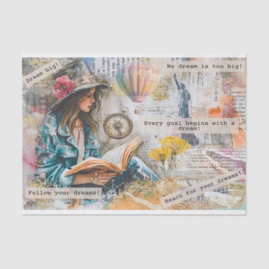 Girl Reading with Dream Quotes Collage Decoupage Seidenpapier (Vorderseite)