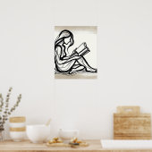 Girl Reads a Book - Line Art Poster (Küche)