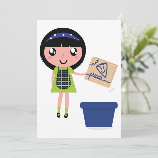 Girl Recycelnd Pizza Box Fun Öko Friendly Einladung (Stehend Vorderseite)