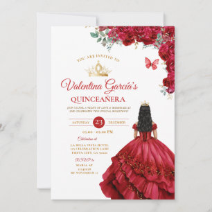 Girl Red Dress Quinceañera 15 Anos Blume Gold Einladung