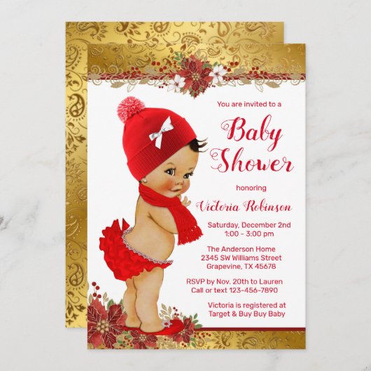 Girl Red Gold Christmas Baby Shower Ethnic Einladung (Vorne/Hinten)