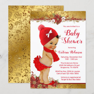 Girl Red Gold Christmas Baby Shower Ethnic Einladung