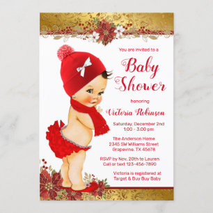 Girl Red Gold Weihnachtsdusche Brünett Einladung