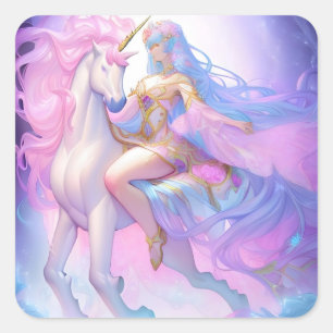 Girl Riding a Unicorn Quadratischer Aufkleber
