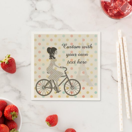 Girl Riding Bike in Paris Polka Dot Custom Text Serviette (Beispiel)