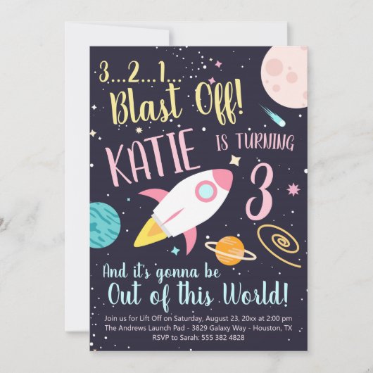 Girl Rocket Ship Weltraum Einladung zum Geburtstag (Vorderseite)