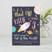 Girl Rocket Ship Weltraum Einladung zum Geburtstag (Stehend Vorderseite)