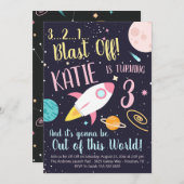 Girl Rocket Ship Weltraum Einladung zum Geburtstag (Vorne/Hinten)