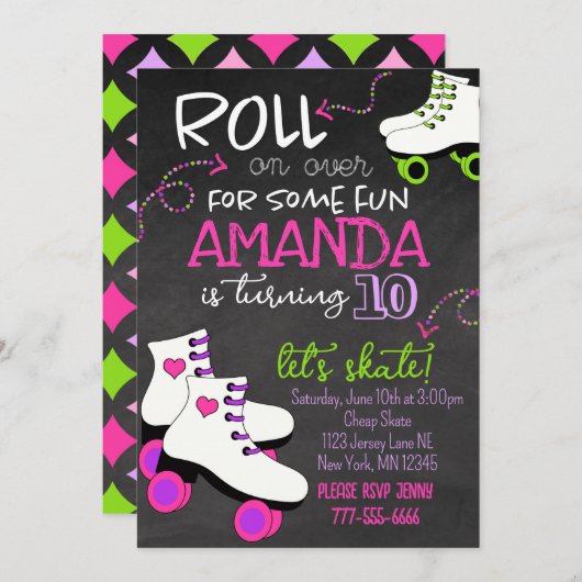 Girl Roller Skaten Chalkboard Geburtstag Einladung (Vorne/Hinten)