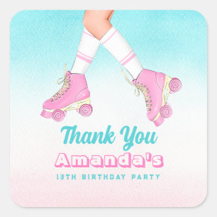 Girl Roller Skaten Pink und Blau Vielen Dank Quadratischer Aufkleber