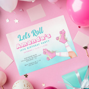 Girl Roller Skaten Pink und Blue Birthday Einladung