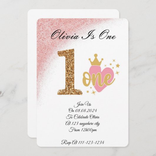 Girl-Rosa-Glitzer-Prinzessin Geburtstag Einladung (Vorne/Hinten)