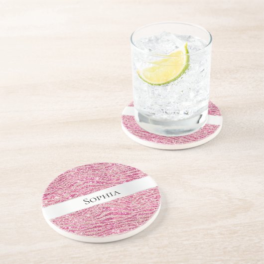 Girl-Rosa-Glitzer Zebra Name Getränkeuntersetzer (Seite)