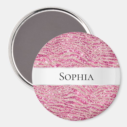 Girl-Rosa-Glitzer Zebra Name Magnet (Vorderseite/Rückseite)