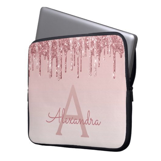 Girl Rosa Rose Gold Glitzer Tropfen Monogramm Laptopschutzhülle (Vorderseite Links)