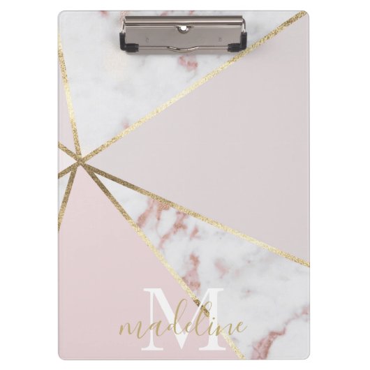 Girl Rose Gold Blush Geometric Monogram Clipboard Klemmbrett (Vorderseite)