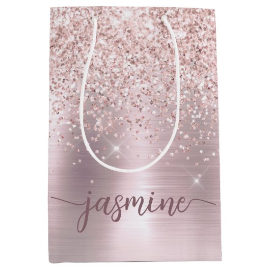 Girl Rose Gold Blush Glitzer Monogram Name Script Mittlere Geschenktüte (Vorderseite)