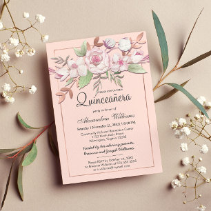 Girl Rose Gold Blush Pink Floral Quinceañera Einladung