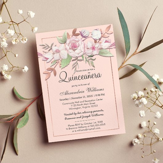 Girl Rose Gold Blush Pink Floral Quinceañera Einladung