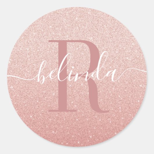 Girl Rose Gold Blush Pink Monogram Name Runder Aufkleber (Vorderseite)