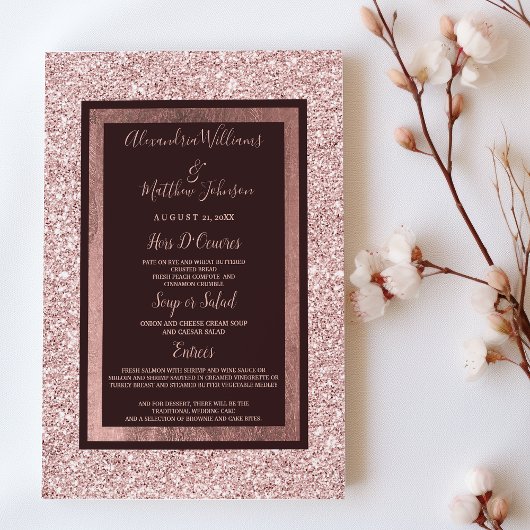 Girl Rose gold burgundy Glitzer Wedding Menu Menükarte