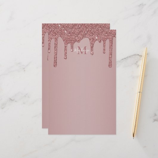 Girl Rose Gold Dripping Glitzer Monogram Briefpapier (Vorderseite/Rückseite Beispiel)