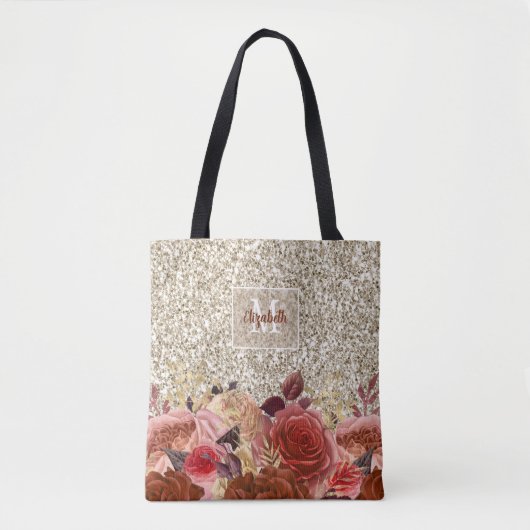 Girl Rose Gold Floral Monogram Light Gold Glitzer Tasche (Vorderseite)