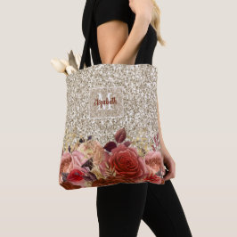 Girl Rose Gold Floral Monogram Light Gold Glitzer Tasche