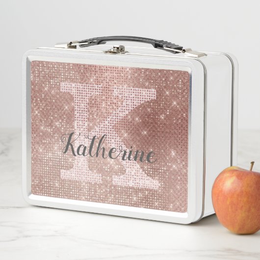 Girl Rose Gold Fun Glitzer Sparkle Monogram Name Metall Brotdose (Beispiel)