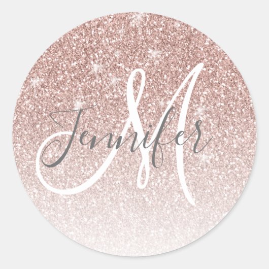 Girl Rose Gold Glitzer Blush Monogram Name Runder Aufkleber (Vorderseite)