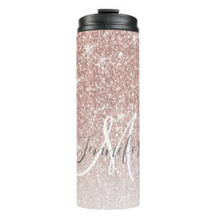 Girl Rose Gold Glitzer Blush Monogram Name Thermosbecher