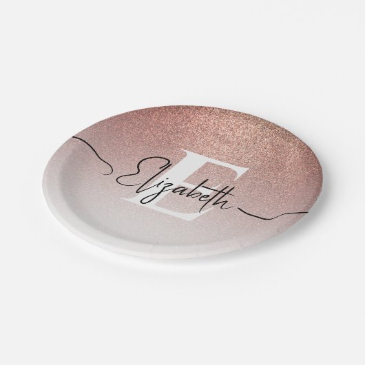 Girl Rose Gold Glitzer Blush Monogram Script Name Pappteller (Schrägansicht)