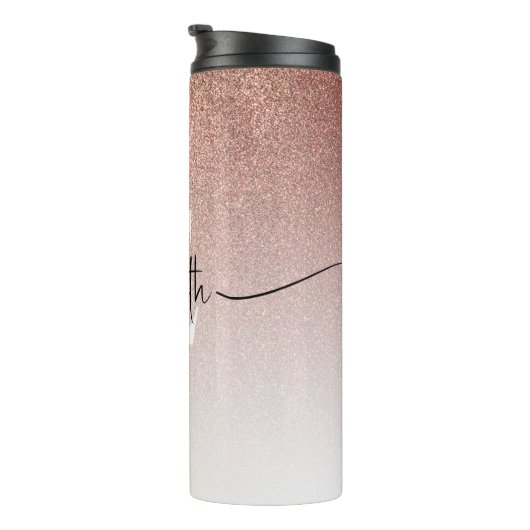 Girl Rose Gold Glitzer Blush Monogram Script Name Thermosbecher (Nach rechts gedreht)