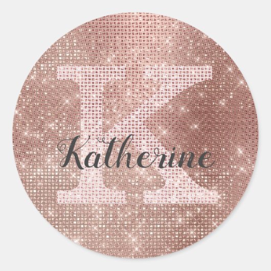 Girl Rose Gold Glitzer Glam Sparkle Monogram Name Runder Aufkleber (Vorderseite)