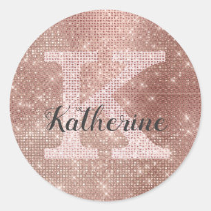 Girl Rose Gold Glitzer Glam Sparkle Monogramm Name Runder Aufkleber
