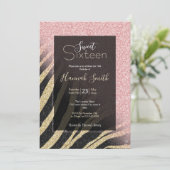Girl Rose Gold Glitzer Glitzern Black Zebra Print Einladung (Stehend Vorderseite)