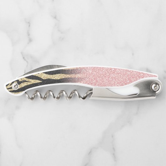 Girl Rose Gold Glitzer Glitzern Black Zebra Print Kellnermesser (Rückseite)