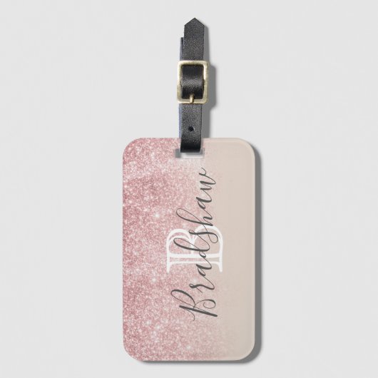 Girl Rose Gold Glitzer Glitzern Monogram Name Gepäckanhänger (Vorderseite Vertikal)