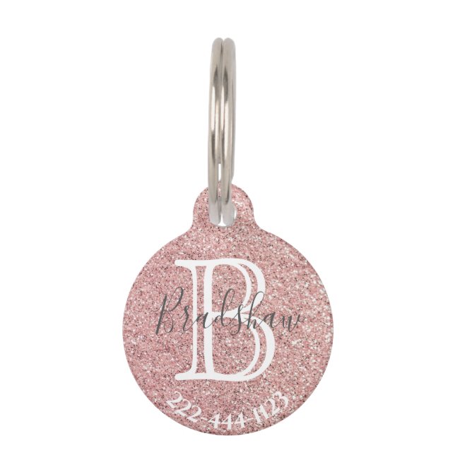 Girl Rose Gold Glitzer Glitzern Monogram Name Haustiermarke (Vorderseite)