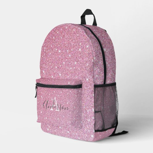 Girl Rose Gold Glitzer Glitzern Monogramm Name Bedruckter Rucksack (Rückseitige Ecke Rechts)