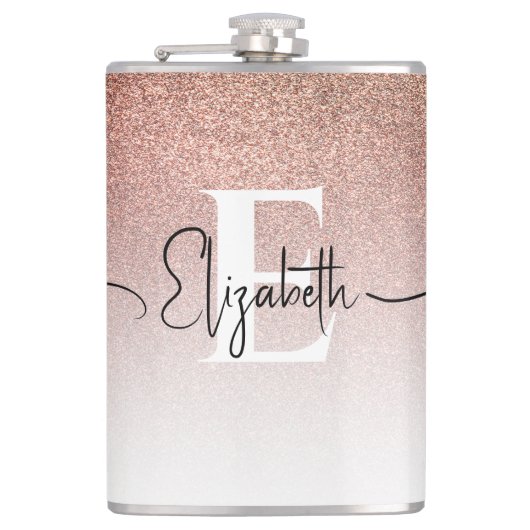 Girl Rose Gold Glitzer Monogram Black Script Name Flachmann (Vorderseite)