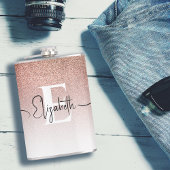 Girl Rose Gold Glitzer Monogram Black Script Name Flachmann