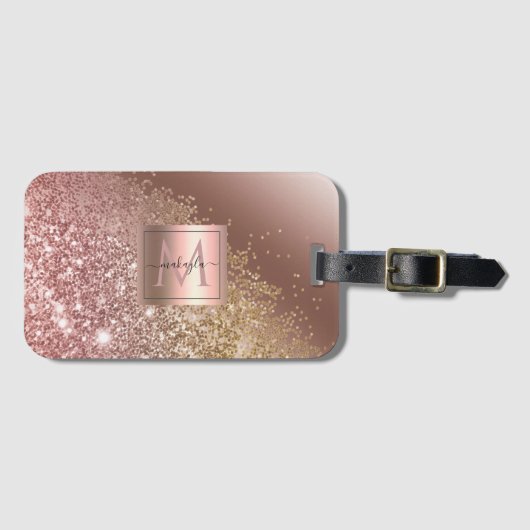 Girl Rose Gold Glitzer Name Monogram Gepäckanhänger (Vorderseite (Horizontal))